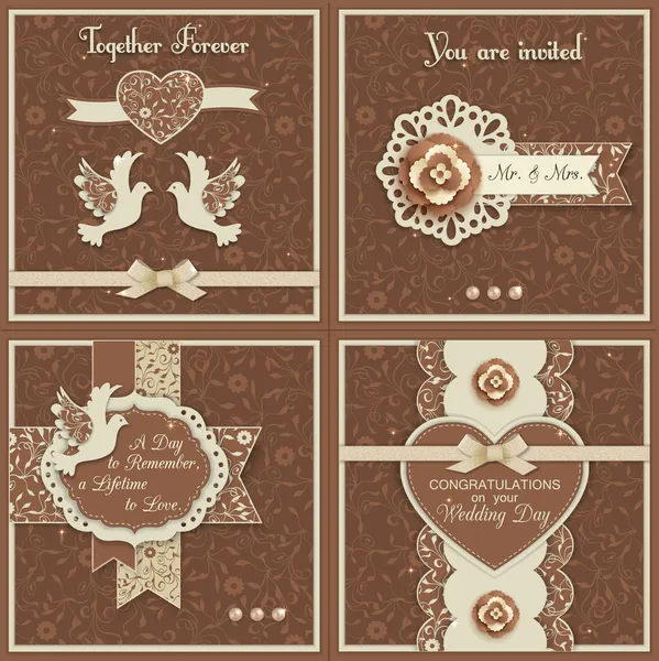 Conjunto de cuatro fondos de boda vintage con flores de papel — Vector de stock