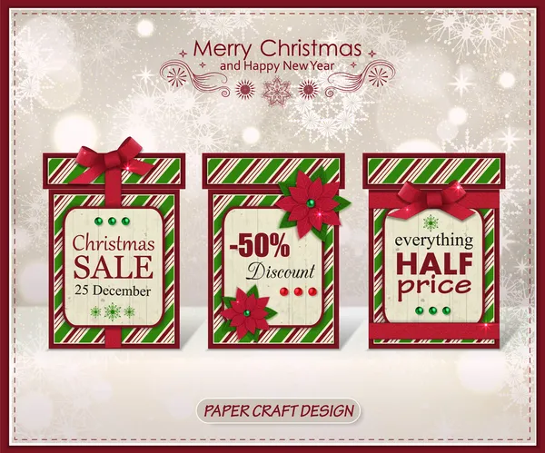 Set of three vintage paper merry christmas gift boxes — Stock Vector