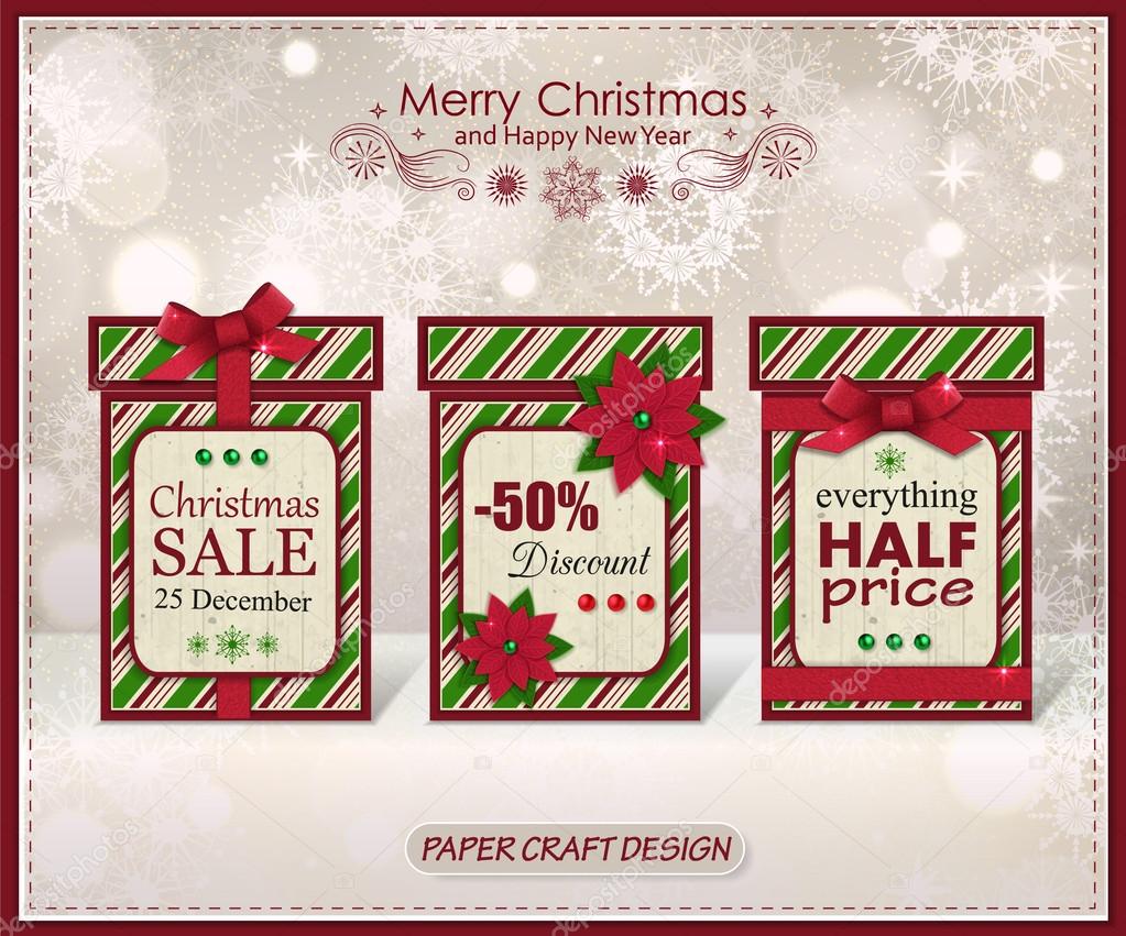 Set of three vintage paper merry christmas gift boxes