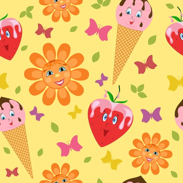 Ijsjes, aardbeien, bloemen en vlinders. — Stockvector