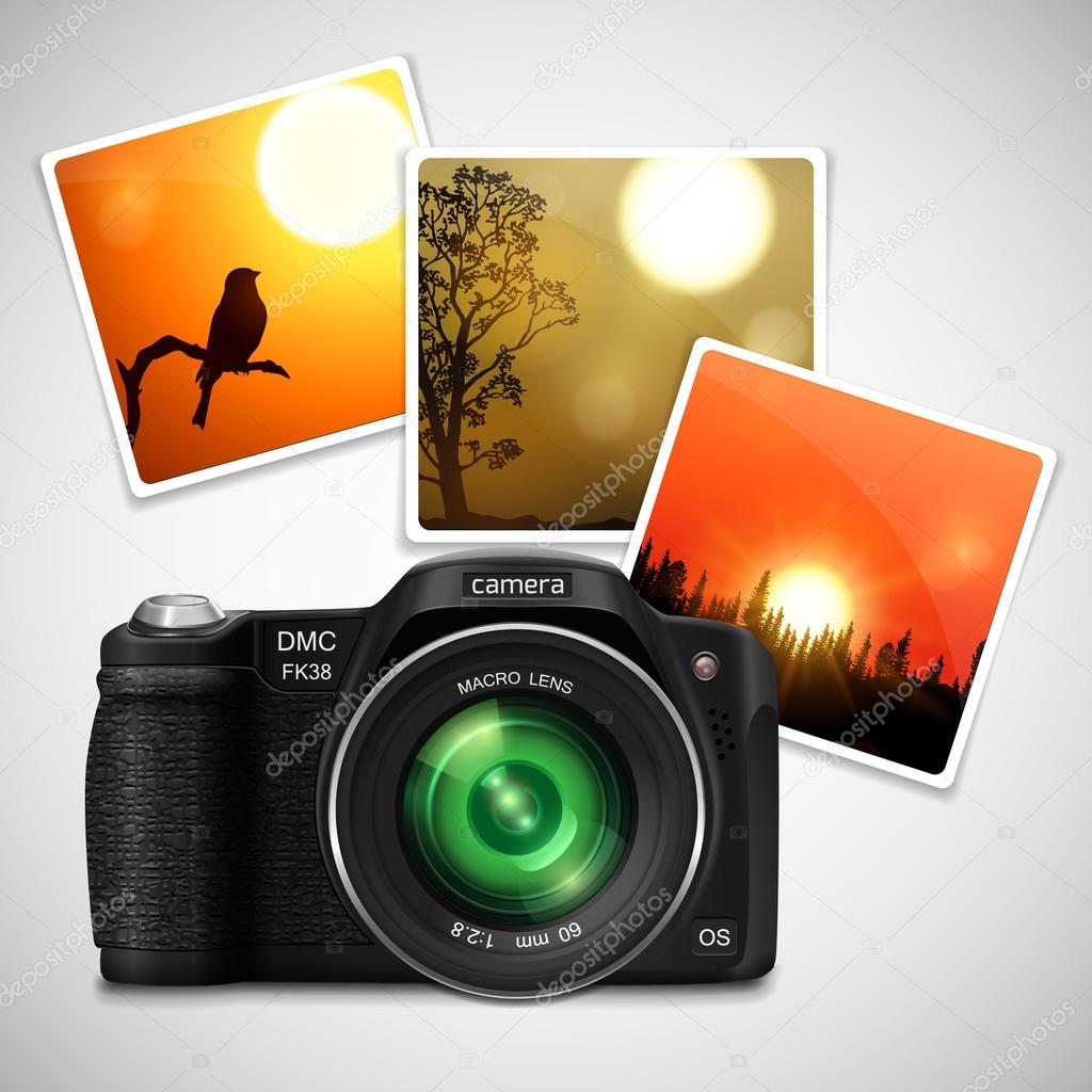 Modern realistic photo camera with green lens.