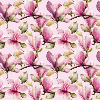 Bahar mevsiminin kusursuz deseni sulu boya tarzında manolya dalları açıyor..