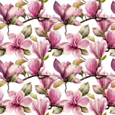 Bahar mevsiminin kusursuz deseni sulu boya tarzında manolya dalları açıyor..