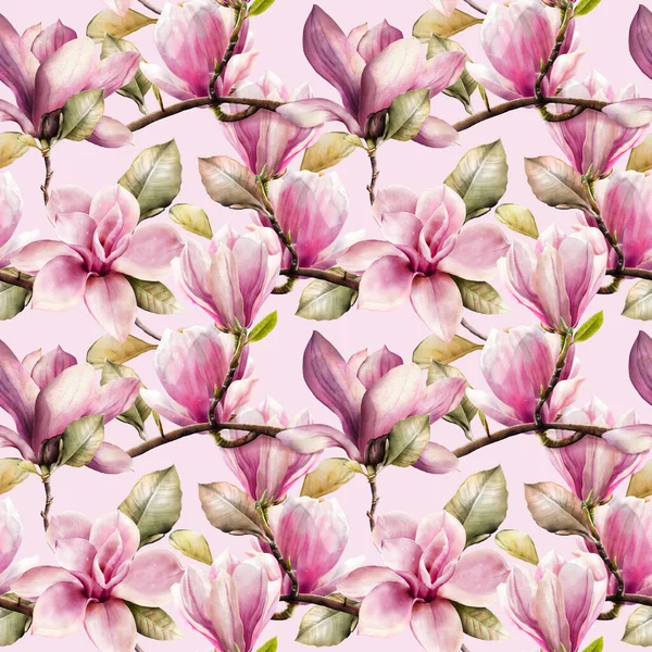 Nahtloses Muster Frühlingsblühender Magnolienzweige Aquarell Stil — Stockfoto