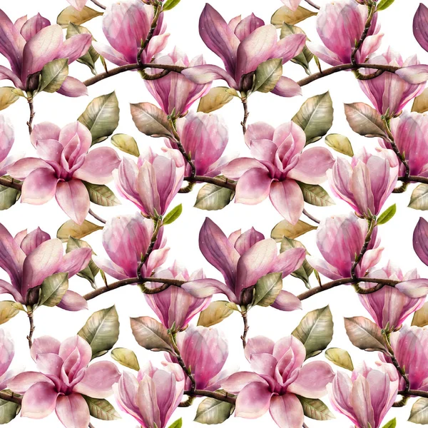 Nahtloses Muster Frühlingsblühender Magnolienzweige Aquarell Stil — Stockfoto