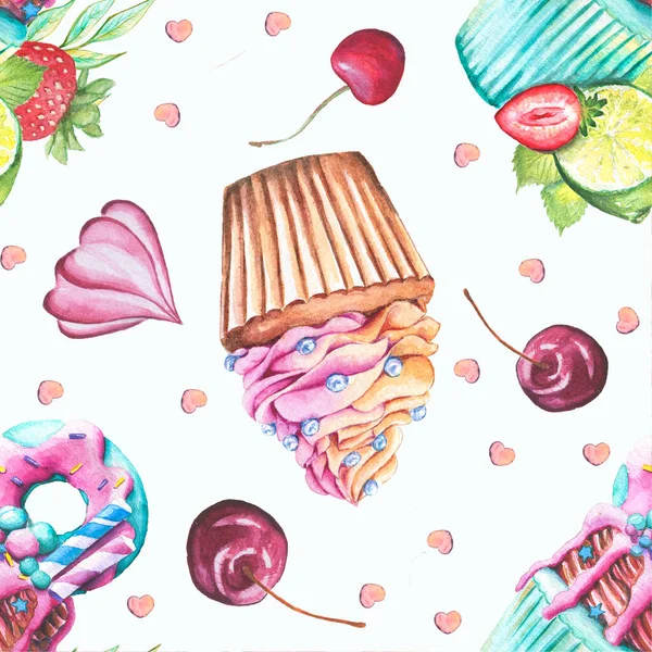 Watercolor Pattern Cupcakes Marshmallows Cherry — Stock Photo, Image