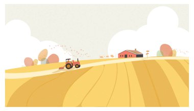 Landscape vector illustration.Minimal Countryside landscape in autumn,  banner of farm house or countryside .The yellow foliage with falling leaves,barn and truck with noise and grain