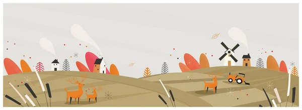 Vector Illustration Autumn Landscape Rural Foliage Leaves Wind Blowing Wild — Vector de stock