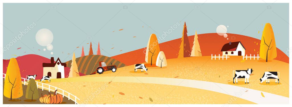 Panorama Vector illustration of Countryside landscape in autumn,  banner of farm house or countryside .The yellow foliage mountains or hill with falling leaves,barn and pumpkin with noise and grain. 