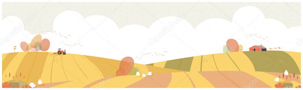 Landscape vector illustration.Minimal Countryside landscape in autumn,  banner of farm house or countryside .The yellow foliage with falling leaves,barn and truck with noise and grain