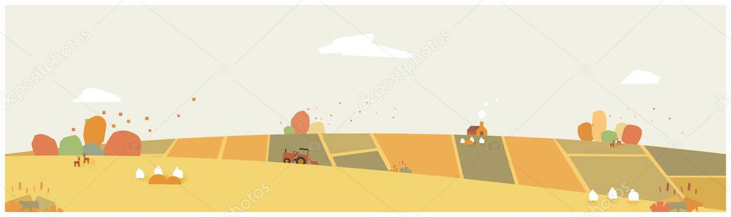 Landscape vector illustration.Minimal Countryside landscape in autumn,  banner of farm house or countryside .The yellow foliage with falling leaves,barn and truck with noise and grain