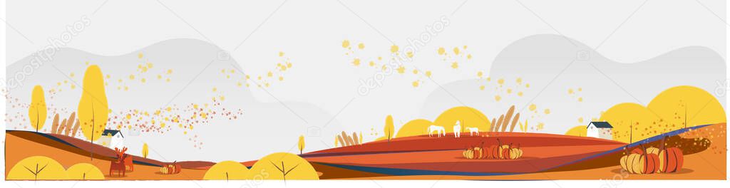 Vector illustration of Autumn or falls season.People reading outdoor while wind blowing against autumn rural background.Concept of people in Autumn