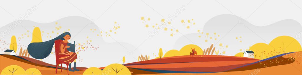 Vector illustration of people activites during Autumn or falls season.People reading outdoor while wind blowing against autumn rural background.Concept of people in Autumn