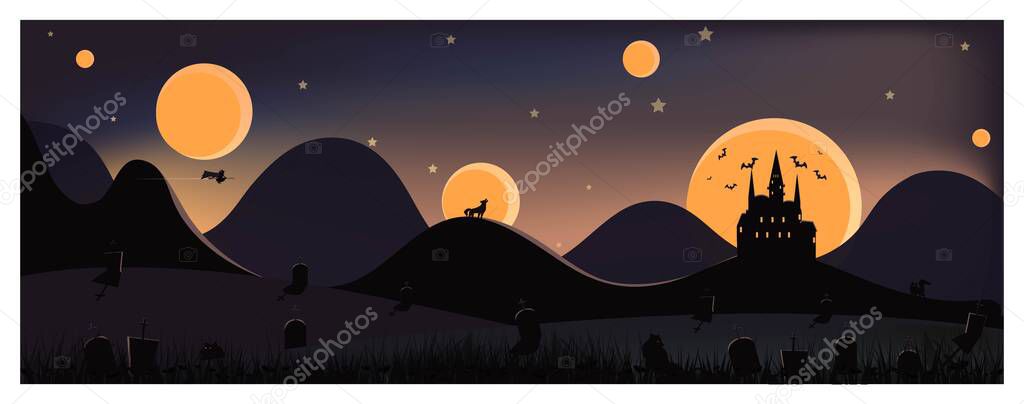Panoramic vector illustration of Haloween theme.Panorama background with haunted castle,bat,wolf and withches and grave yard.Happy haloween
