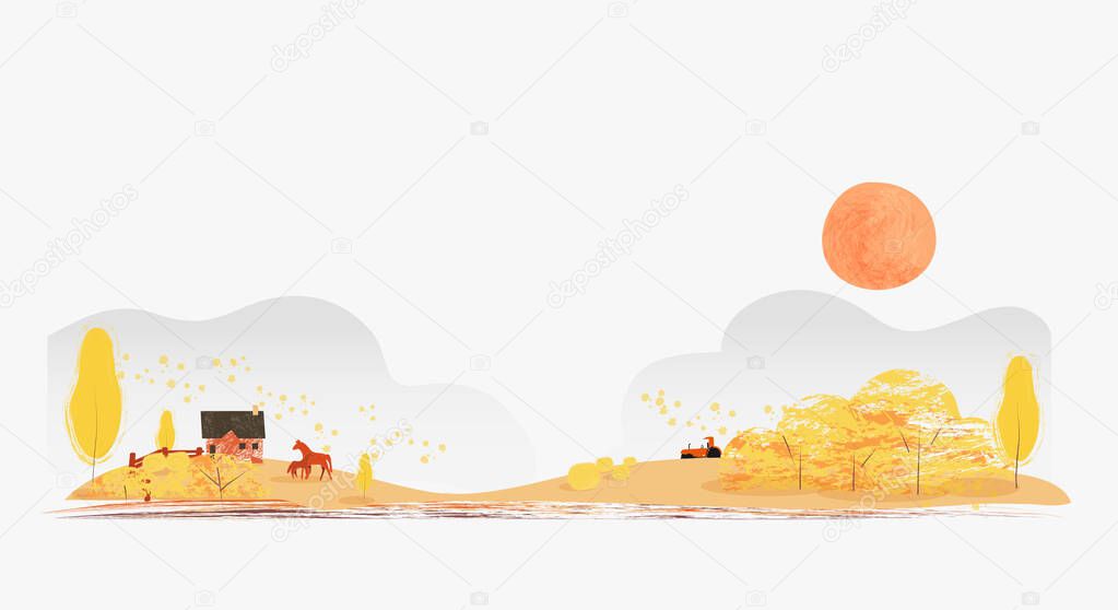 Flat banner vector illustration of Autumn or falls season.Rural countryside background with hut foliage leaves ,horses,deer and pumpkins.Wind blowing against autumn rural background.