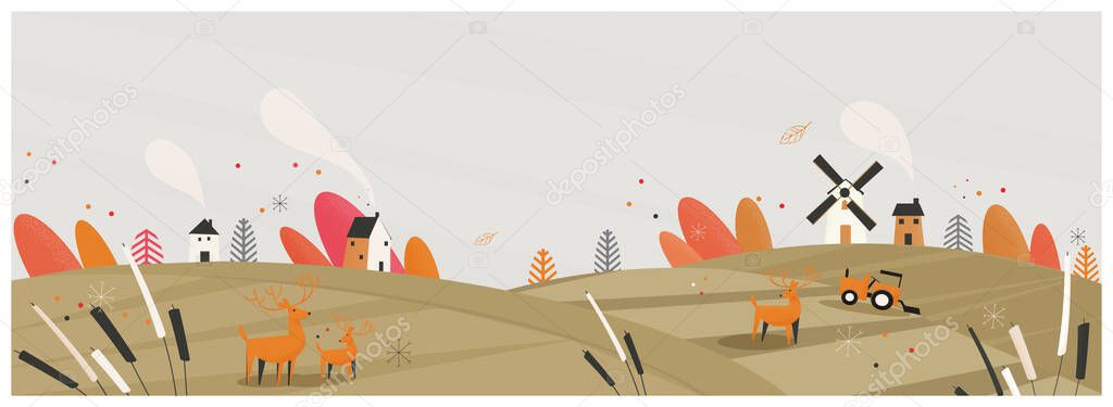 Vector illustration of Autumn landscape in rural.foliage leaves and wind blowing.Wild flower,Typha Angustifolia,dandilion and deers.Falls in countryside scene.Image with noise and grainy texture.