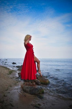 Güzel bir kadınla yaz konsepti. Polonya denizinin kıyısındaki sarışın kız..