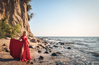 Yaratıcı tatil deniz kenarı seansı. Sahilde zarif kırmızı elbisesiyle güzel bir kadın. Kendi konseptiniz veya metniniz için alanı olan çerçeve.
