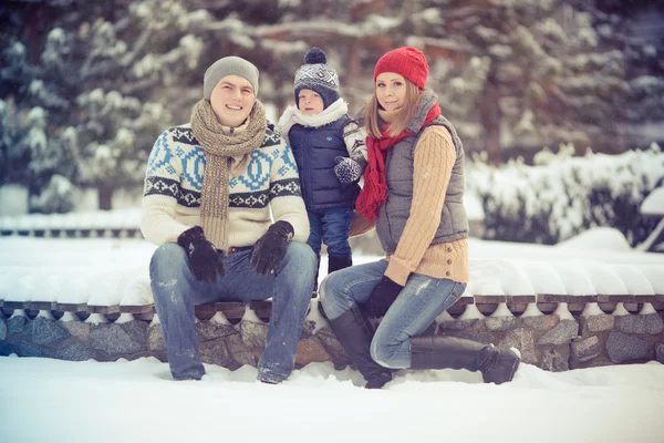 Gelukkig jonge familie portret op winter omringd door sneeuw. — Stockfoto