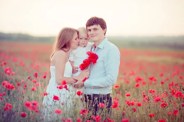 Família no campo da papoula — Fotografia de Stock