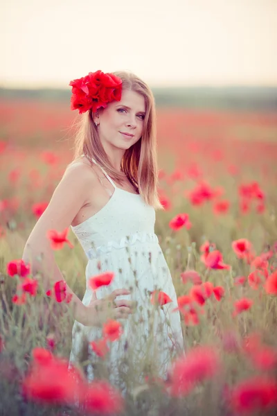 Mujer en el campo de amapola Imagen De Stock