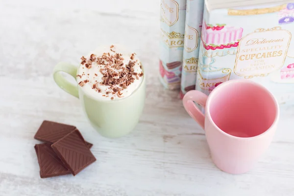Pastel kitchen composition, Latte with whipped cream and chocola — Stock Photo, Image