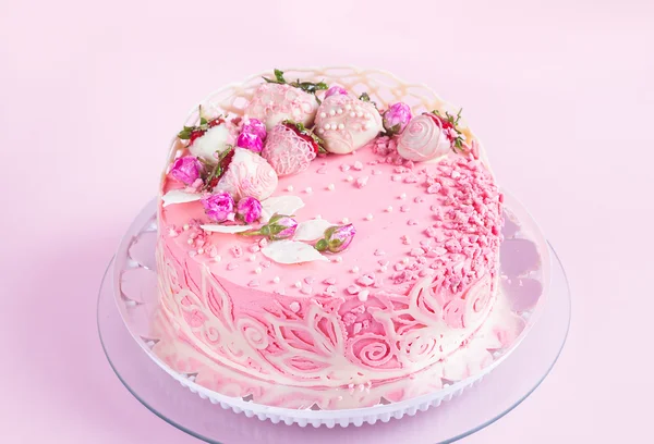 Růžový jahodový dort — Stock fotografie