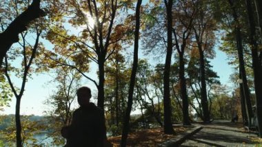 Nehrin kıyısındaki güneşli sonbahar parkı boyunca hava manzarası.