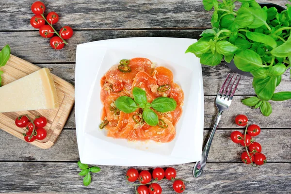 Close Red Ravioli Plate Parmesan Pepper — Stock Photo, Image