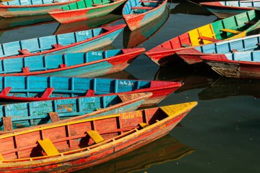 Phewa Gölü, Pokhara, Nepal 'de çok renkli turist teknelerine yakın çekim
