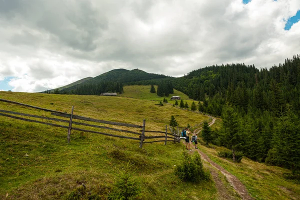 CARPATHIANS, UKRAINE - 13 sierpnia 2016: Dwóch mężczyzn z plecakami spaceruje szlakiem turystycznym w Karpatach, Ukraina — Zdjęcie stockowe