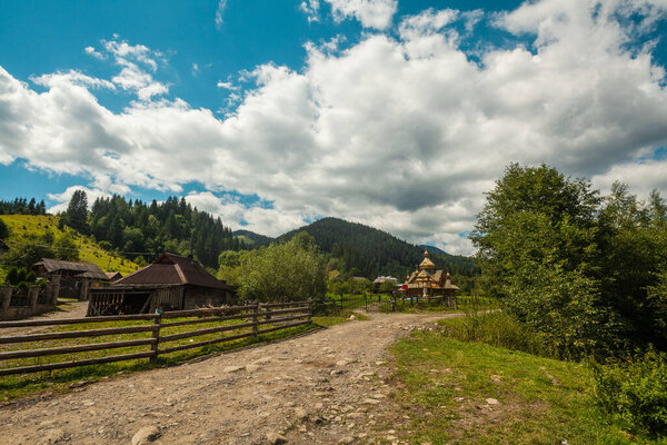 Peacefull landscape of a church in the mountains, Carpathians, Ukraine