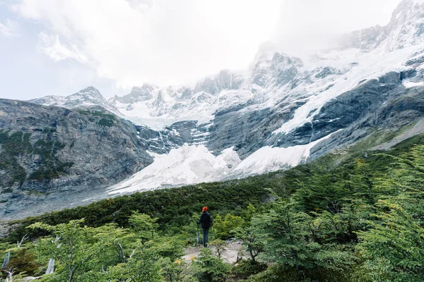 Egy női túrázó áll a francia völgyben hegyek a háttérben, Torres del Paine Nemzeti Park, Chile — Stock Fotó