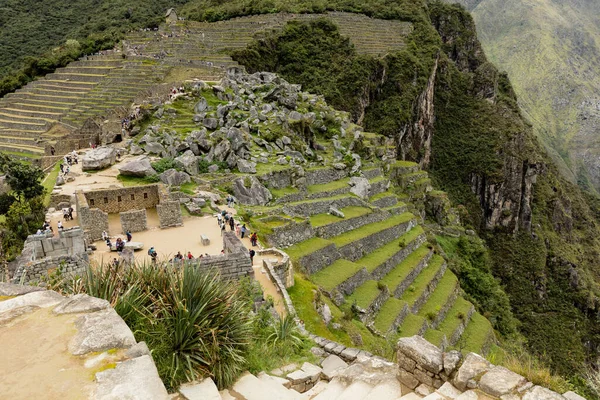 MACHU PICCHU, PERU - 9 MARZO 2019: Turisti sulle terrazze agricole di Machu Picchu — Foto Stock