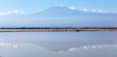 Kilimanjaro Dağı 'nın panoramik manzarası ve Amboseli Gölü, Amboseli Ulusal Parkı, Kenya