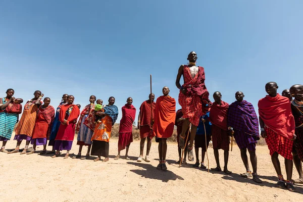 AMBOSELI NATIONAL PARK - 17. září 2018: Tradiční skákací tanec masajských lidí Stock Snímky