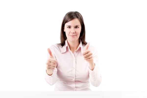 Happy smiling businesswoman with thumbs up gesture. — Stock Photo, Image