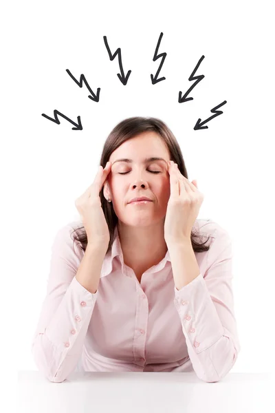 Bir iş kadını kafa tutan bir baş ağrısı ile izole beyaz zemin üzerine. — Stok fotoğraf