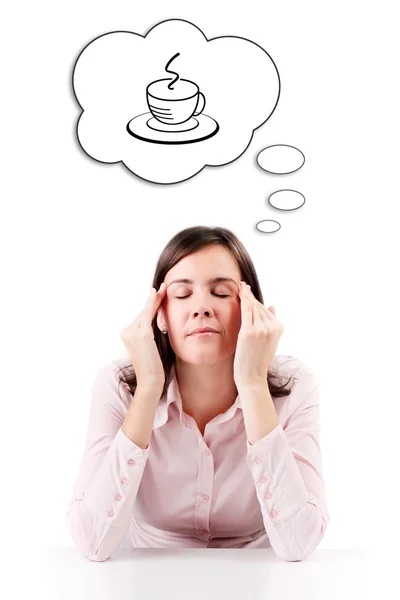 Uma mulher de negócios com uma cabeça de dor de cabeça, isolada no fundo branco . — Fotografia de Stock