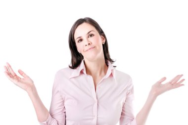 güzel iş kadını belirsizlik ile el hareketi.