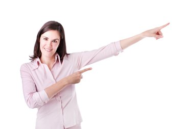 gülümseyen iş kadını sunulması. beyaz bitti izole.