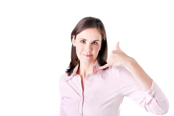 Mulher de negócios fazendo uma chamada me assinar e sorrindo . — Fotografia de Stock