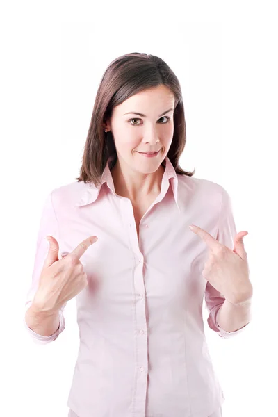 Young businesswoman pointing at herself. — Stock Photo, Image