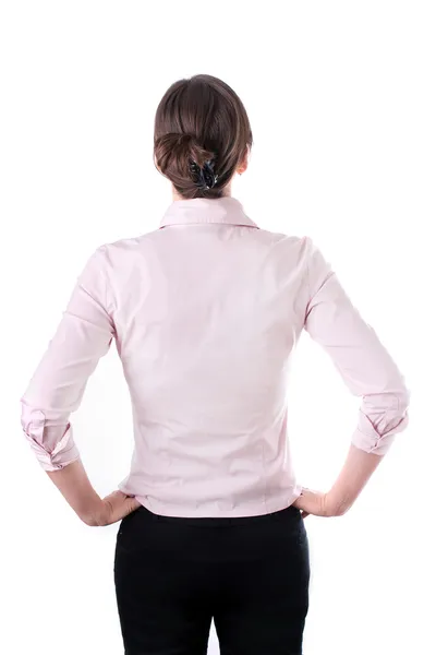 Widok przemyślany biznes kobieta kontemplacji, z tyłu na białym tle. — Zdjęcie stockowe