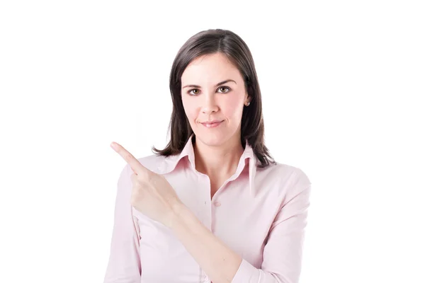 Mujer de negocios señalando mostrando, aislado sobre fondo blanco . — Foto de Stock