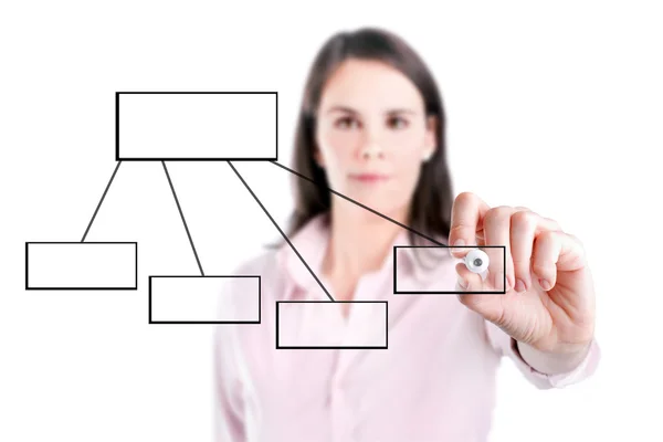 Jonge zakenvrouw tekening een stroomdiagram 1, witte achtergrond. — Stockfoto