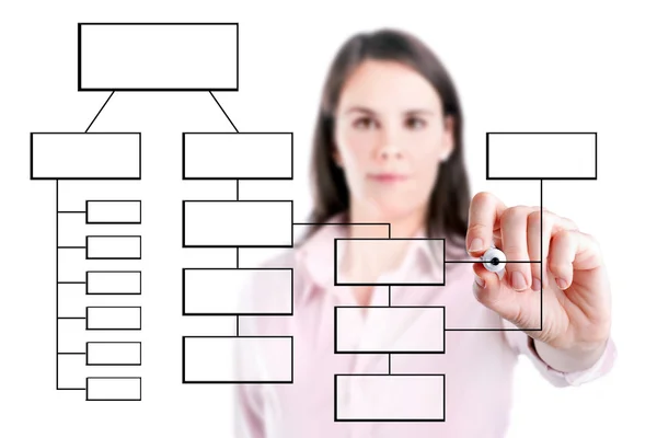 Young business woman writing process flowchart diagram on screen, isolated. — Stock Photo, Image