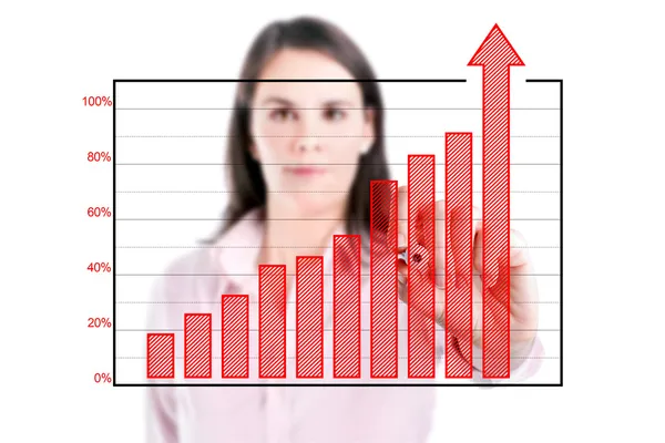 達成棒グラフを書く若いビジネス女性分離背景. — ストック写真