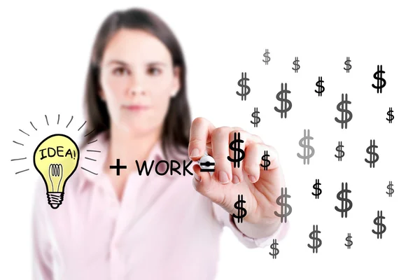 La idea y el trabajo pueden hacer un montón de dinero ecuación dibujar por la joven mujer de negocios . —  Fotos de Stock