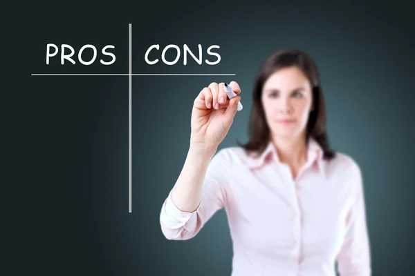 Young businesswoman holding a marker and writing pros and cons comparison concept. — Stock Image Young businesswoman holding a marker and writing pros and cons comparison concept. Stock Image